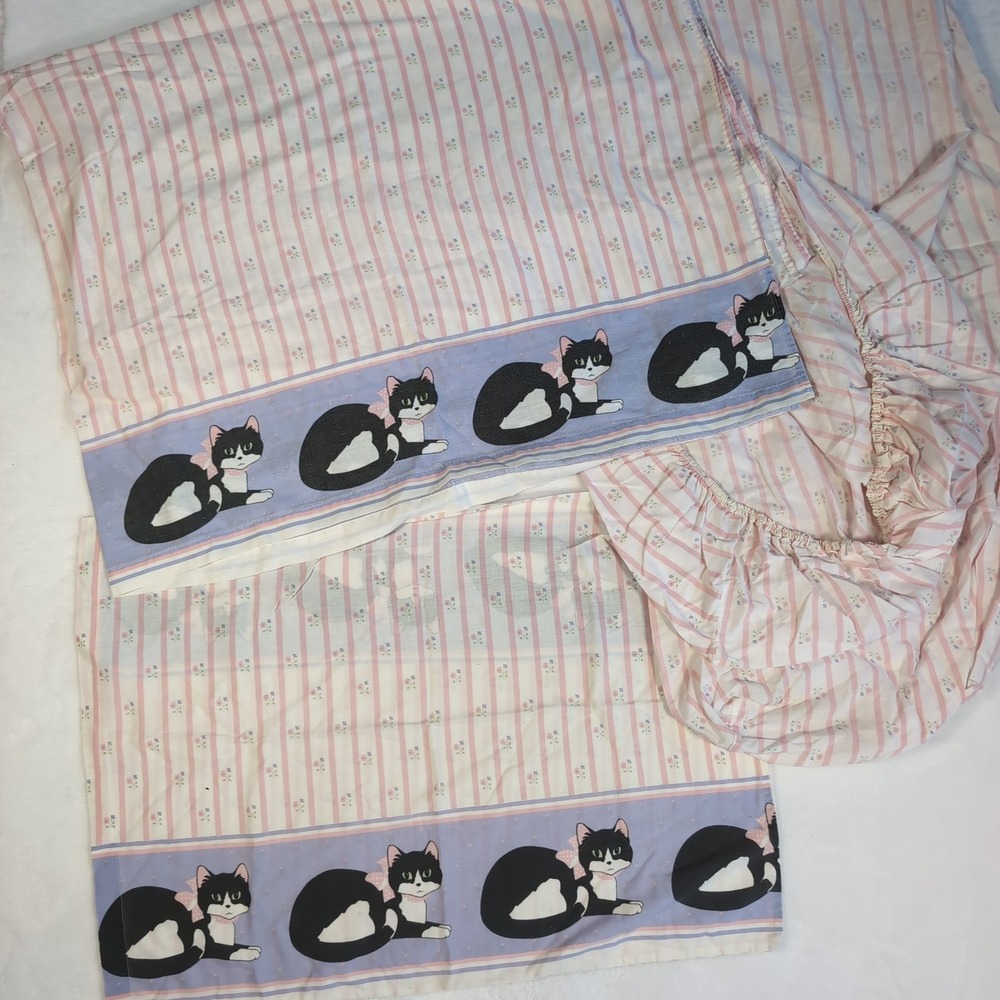 Vintage Tuxedo Cat Twin Sheet Set 3 Pc Pink Floral Stripe Made in Spain Cottage